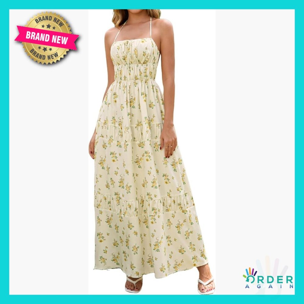 Summer Boho Floral Halter Maxi Dress Backless A-Line Vacation Sundress